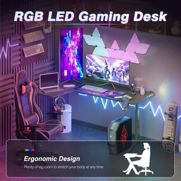 Bureau Gaming LED 180x75x73cm Bureau Gamer Professionnel Bureau  d'Ordinateur Informatique avec Étagère de Moniteur Réglable