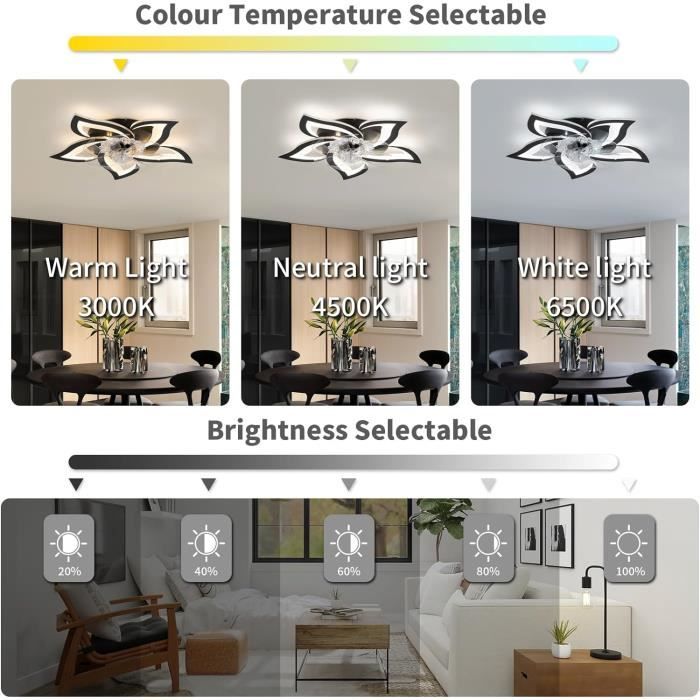 YUNLONG Plafonnier Ventilateur de Plafond Compatible avec Alexa et Google Assistant, Ventilateur Plafond avec Lumiere Silencieux, Moteur DC Eté Hiver, Dimmable, Fonction Mémoire, pour Chambre, Noir