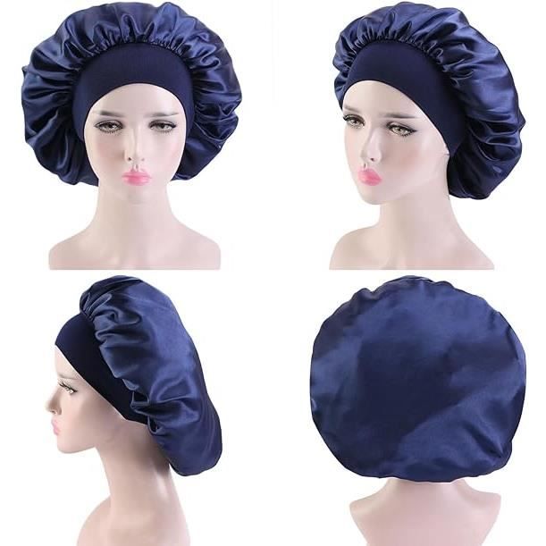 2 Bonnets De Nuit En Satin Noir Et Bleu Marine - Pour Protéger Les Cheveux Pendant Le Sommeil Ou La Douche