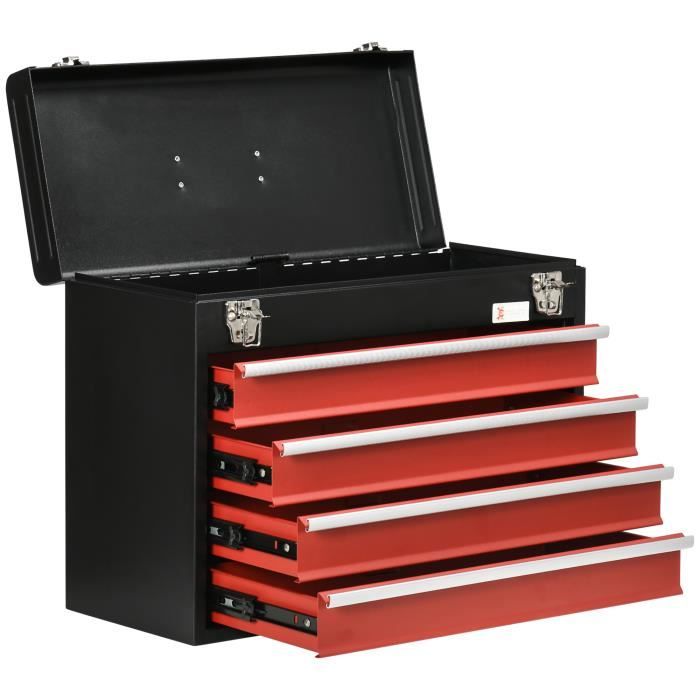 Boite à outils métallique coffret à outils caisse à outils 4 tiroirs +  plateau tôle acier rouge noir 51x22x39cm Noir - Cdiscount Bricolage