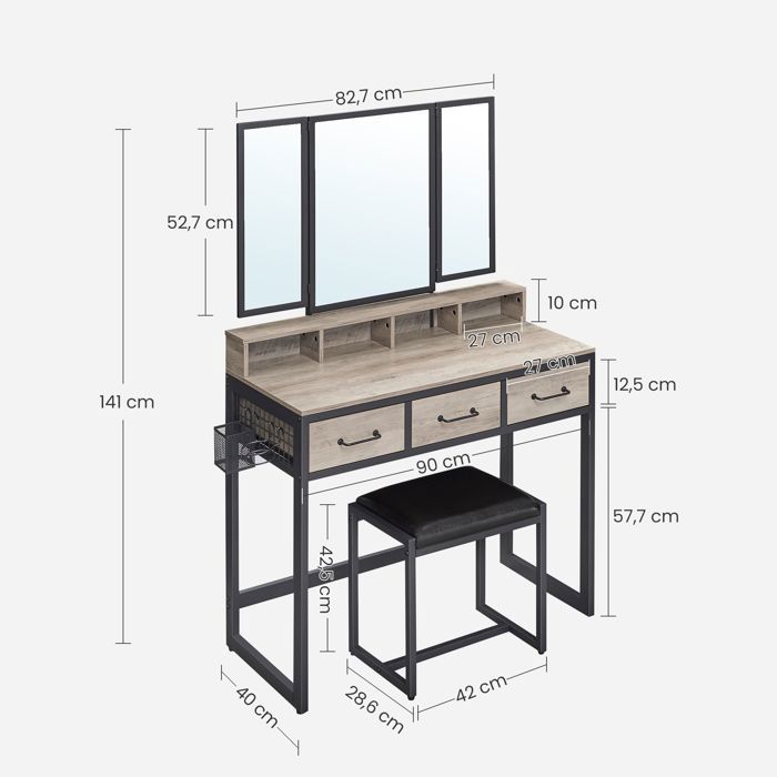 Coiffeuse Industrielle VASAGLE Avec Miroir Triple Et Tabouret - 3 Tiroirs, Porte-sèche-cheveux - Style Marron/Noir