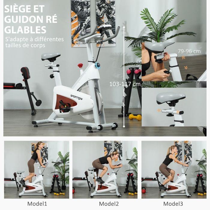 Vélo D'Appartement Sportnow Pliable - Blanc, 97x43x110 Cm, Résistance Magnétique, 110kg Max - Neuf