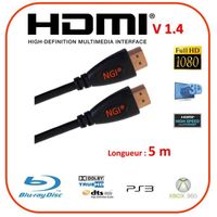NGI®- cable hdmi 5m 1.4 rond noir - 3D HIGH SPEED ETHERNET FULL HD 1080p