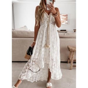 ROBE Robe Boheme Chic Robe Longue Femme elegant Brodee Blanche Dentelle Col V de Soiree Party Plage Mariage ete Boho - blanc NYSTORE