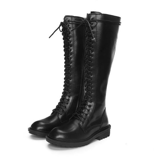 Bottes hautes femmes en cuir a lacets VITATA Noir Talon plat 3cm Plateforme a bout rond Noir Cdiscount Chaussures