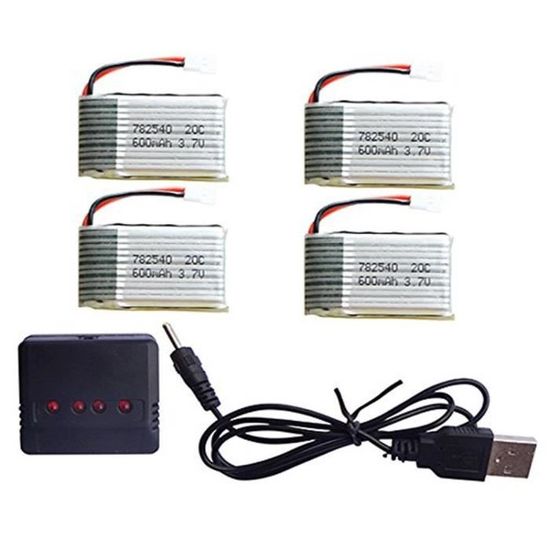 Lot De 4 Batteries LiPo 650mAh 3.7V + Chargeur USB - Pour Drone Syma X5C, X5SC, X5SW - Neuf