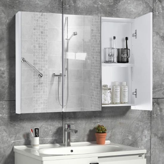 INSMA Meuble Haut Salle de Bain Mural MDF - 3 Portes avec Mirroirs 4 Compartiments - Placard Armoire Rangement Toilette WC Cuisine
