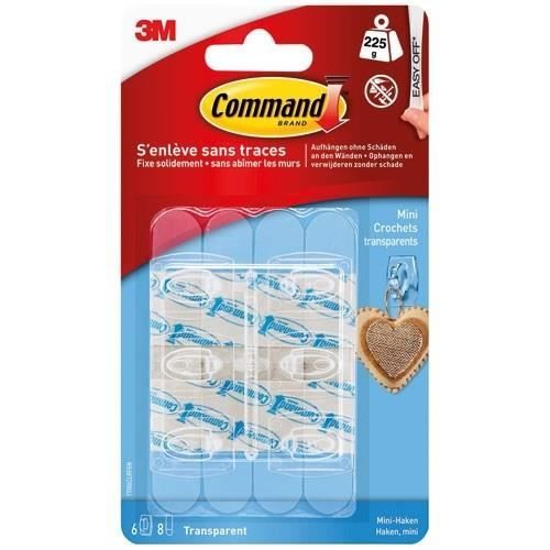 3M - Crochet adhésif - Mini - Crochet pointe plastique - Supporte 225 g - Transparent - Lot de 6