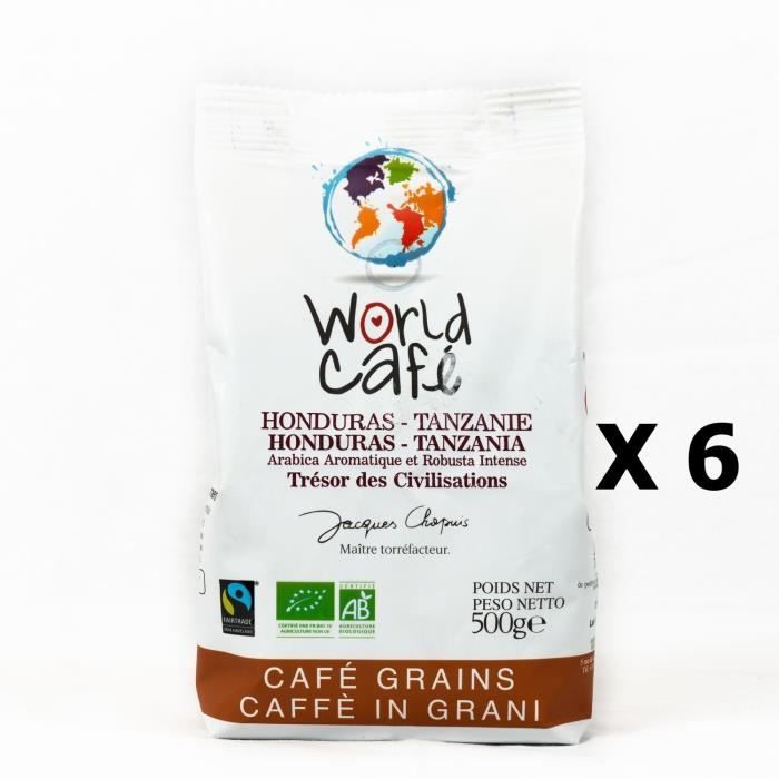 Lot 6x Café grains BIO Honduras - Tanzanie - World Café Jacques Chapuis - paquet 500g