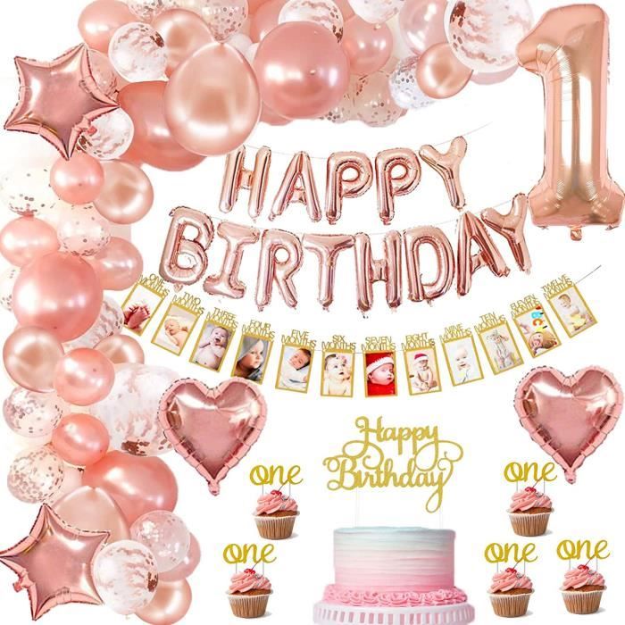 1er anniversaire décorations fille, avec banderole photo enfant 1-12 mois photo, or rose happy birthday balloons,ballons confettis&l