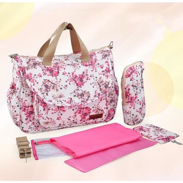 Bébé Sac à Langer Sac Fourre-tout Sac à Bandoulière Sac à Couches Multifonctionnel pour Maman Imprime Fleurs Rouge Rose
