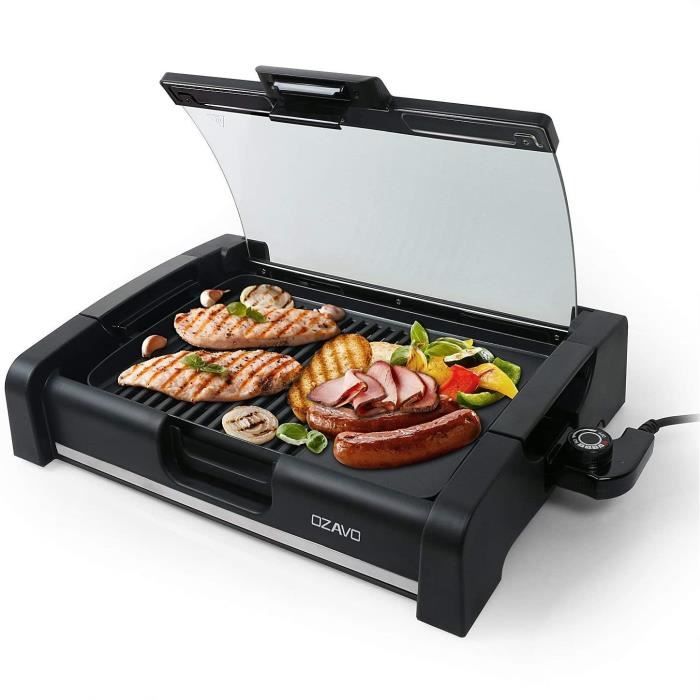 OZAVO Plancha Revêtement Barbecue de Table Électrique Anti-Adhésive Thermostat Amovible Pare-brise Amovible 1650W, Noir