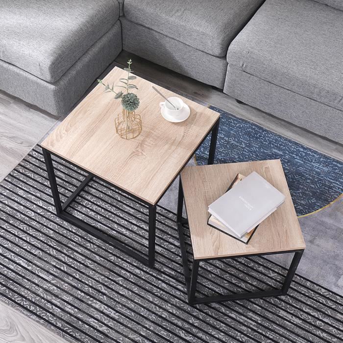 Lot de 2 Tables Basses Carrée Gigognes Design Industriel de Style avec des Pieds en Métal Noir et Panneau de Particules E1