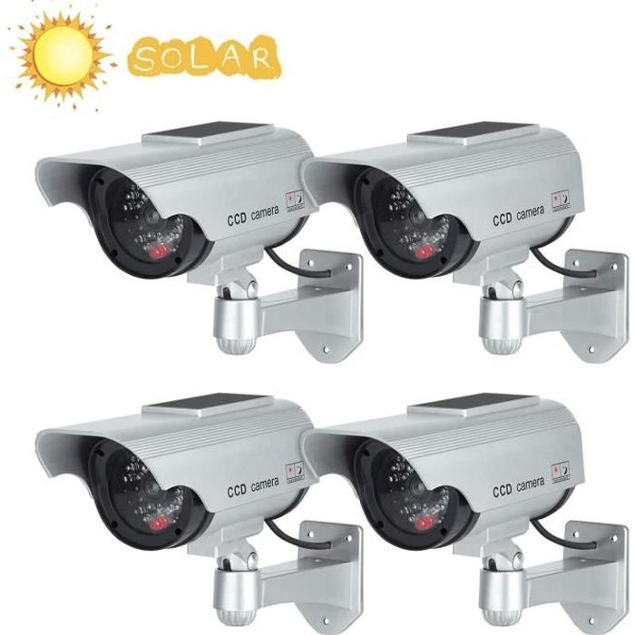 Caméras factices avec Panneau Solaire 4 Pack Fausse de Sécurité Caméra CCTV avec LED Lumière pour Usage Intérieur Extérieur Argent
