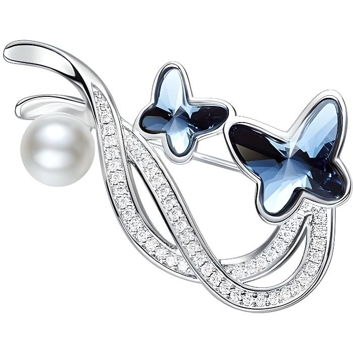 Broche Femme Papillons en Cristal de Swarovski Element Bleu et Perle Synthétique Blanche - Blue Pearls