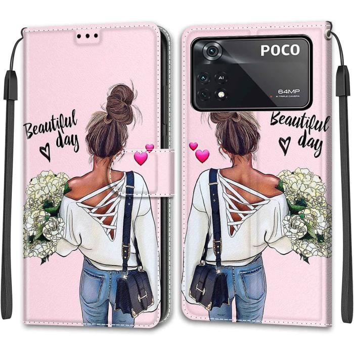Coque Xiaomi Poco X4 Pro 5G Stockage Carte Fonction Stand Antichoc et Anti Rayures PU Cuir Premium Flip Mode Rétro Fille K