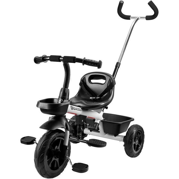 HyperMotion Tricycle Evolutif Enfant jusqu'à 20 kg| Guidon Contrôle Parents| Ceinture Sécurité| Siège Confortable| Roues Larges Gris