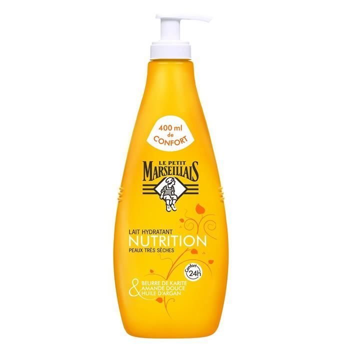 Le Petit Marseillais Lait Hydratant Nutrition Peaux Très Sèches-Beurre de Karité Amande Douce et Huile d'Argan Pompe 400 ml