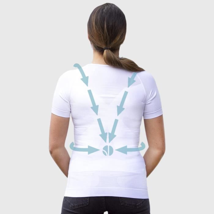 T-shirt Blanc Femme Manches Courtes - Correcteur de Posture - Compression 360° - Anti-Mal de Dos - Maillot de Corps Sport Fitness