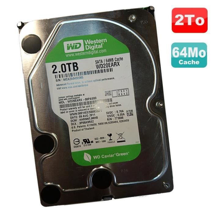 Disque Dur 2To SATA III 3.5- WD Caviar Green WD20EARX-00PASB0 7200RPM 64Mo