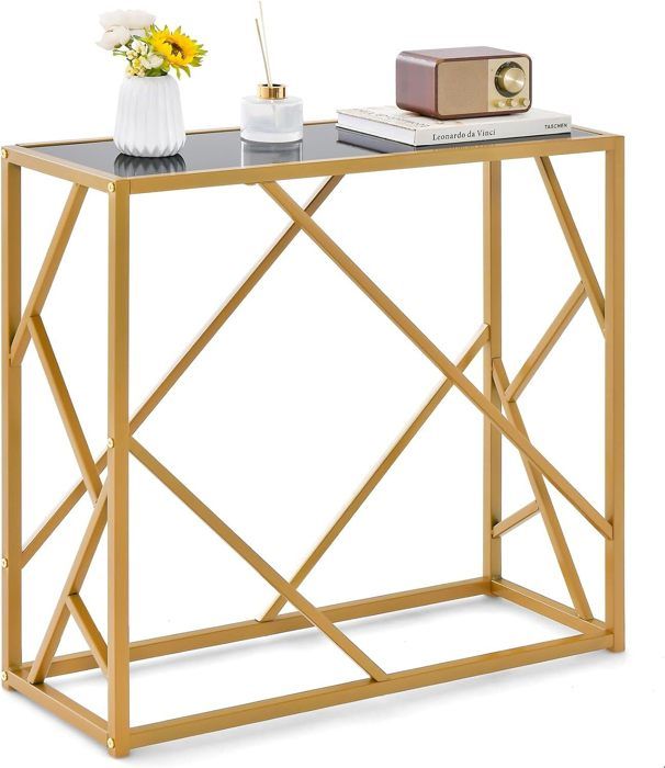 giantex console meuble entrée- plateau en verre trempé- cadre en métal doré- table console scandinave pour salon- 80x 30x 75cm