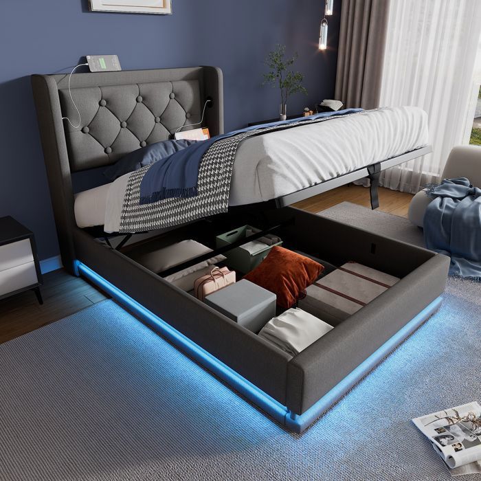 Lit coffre - MODERNLUXE - 90 x 200 cm - Tissu coton - Fonction recharge USB - LED multicolore