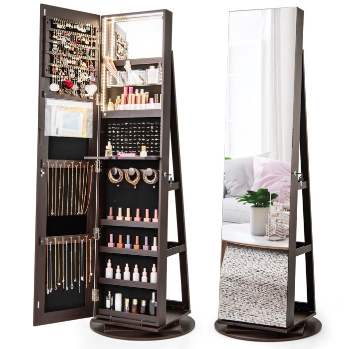 Armoire à Bijoux avec Miroir - RELAX4LIFE - Rotative à 360° - Lumière LED 3 Couleurs - Miroir de Maquillage Intérieur - Café