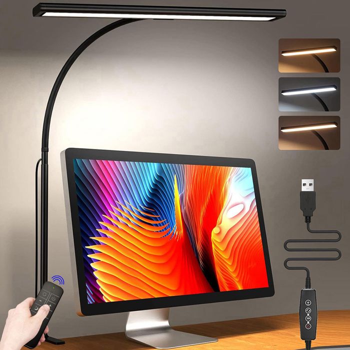 Lampe de Bureau avec Pince 160 LEDS 3 Tons &5 Luminosités Télécommande Yeux Protégés Flexible pour Vidéoconférence/Étude(USB)