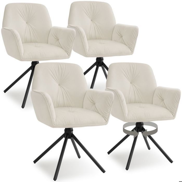 Chaise - TECTAKE - Lot de 4 fauteuils LENIA pivotants en velours rembourré pieds en acier 565 x 54 x 86 cm - Crème/Noir