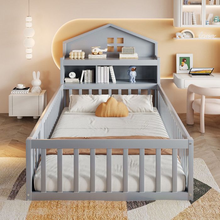 Lit simple 90X200 cm en Bois Massif Lit Enfant avec Étagères et Espace de Rangement avec Barrière de Sécurité et Porte Gris