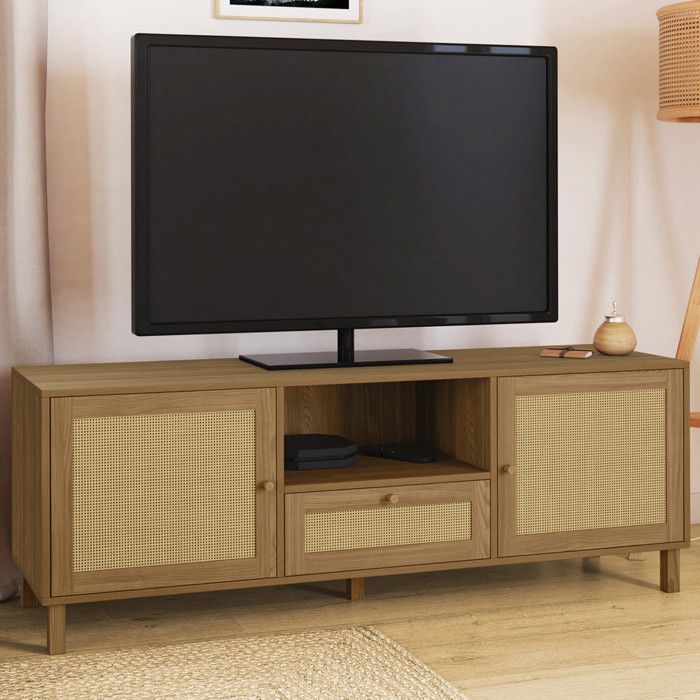 ID MARKET meuble tv HANAE 3 portes 140 cm bois clair à poser