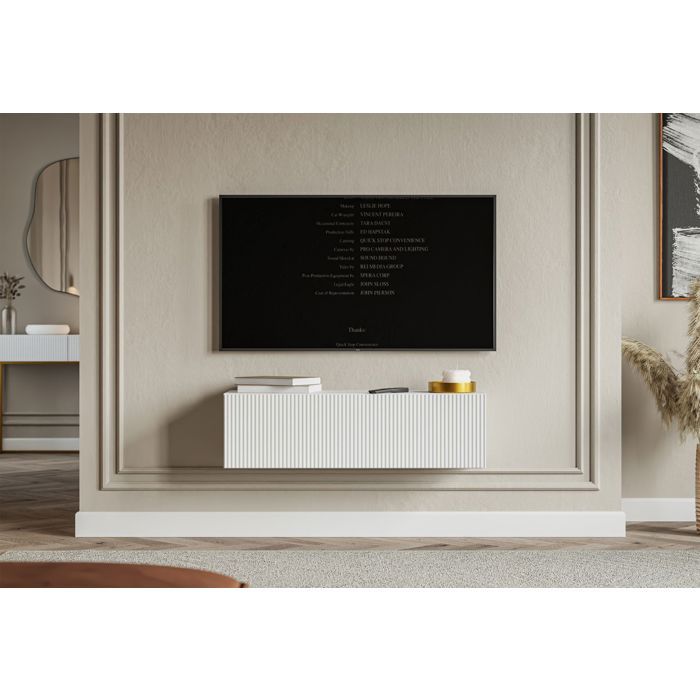 Meuble TV mural avec façades à lamelles rainurées – VELDIO – 100 cm – blanc