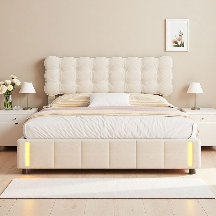Lit Hydraulique 140 x 200 cm - Lit Coffre avec Éclairage LED (pied) - Tissu en Velours - Beige