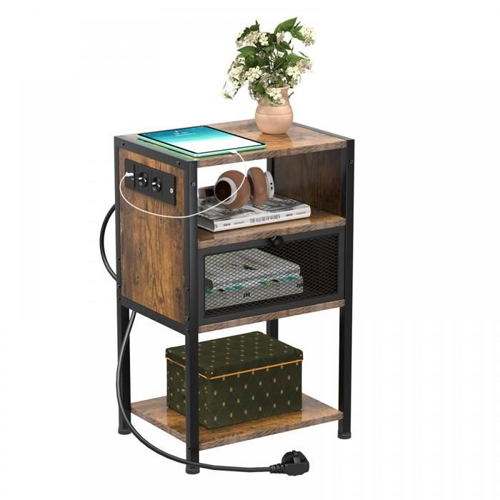 Table de Chevet avec Ports USB et Prises Table dAppoint avec 1 Tiroir et 2 Compartiment Ouvert Pour Petits Espaces Marron