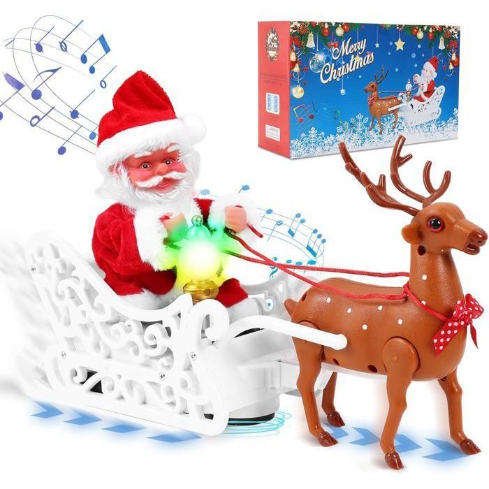 Jouet musical de Noël - Père Noël électrique - Traîneau avec rennes - Chante Jingle Bell - Lumières LED clignotantes