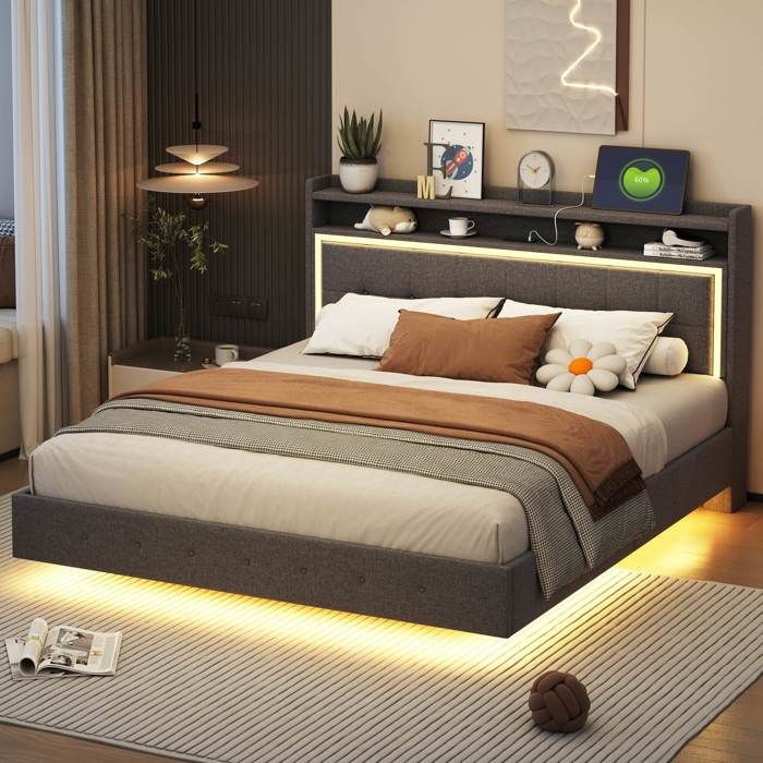 Lit double rembourré 160 x 200 cm avec éclairage LED et avec prise USB Lit 2 Personnes avec Tête de lit avec étagère Lin Gris