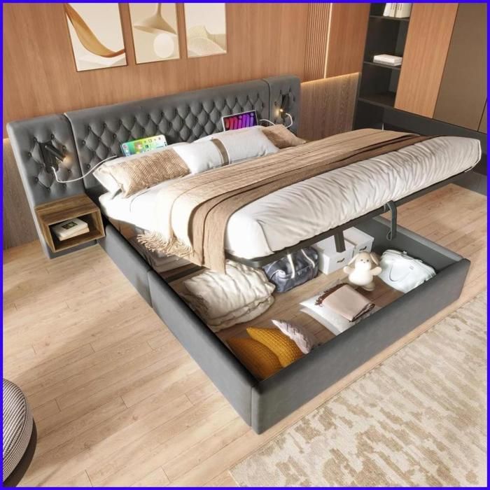 Ensemble de Lit Complet pour Chambre à Coucher - Lit à Rangement Hydraulique 180x200 cm + 2 Tables de Chevet - Velours Gris