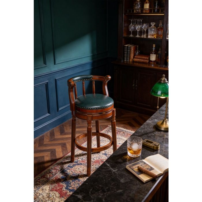 Tabouret de Bar en Cuir de Vache Bleu - Chaise Pivotante avec Finition Cloutée - Structure en Bois Écologique - Stable - 55x55x96 cm