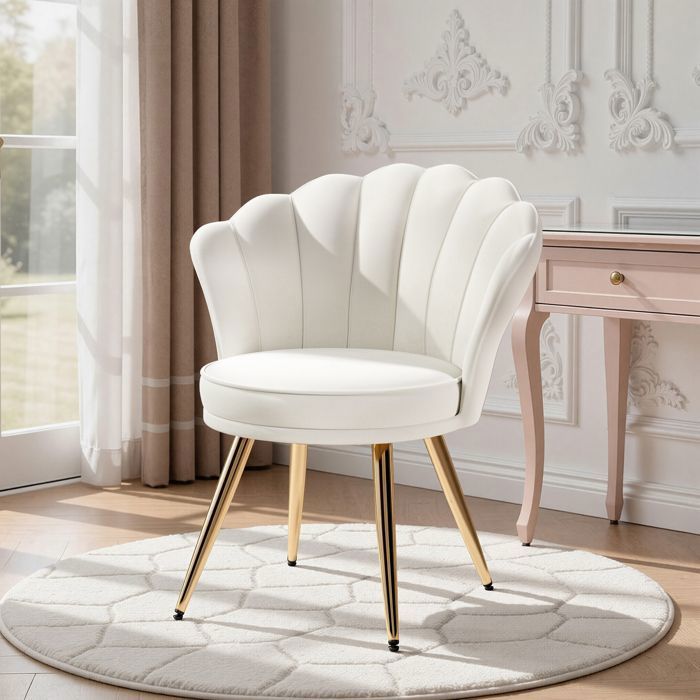 HAWTHYHOME Fauteuil de salon en velours, fauteuil moderne design, chaise coiffeuse rembourrée, pieds métal doré, Blanc
