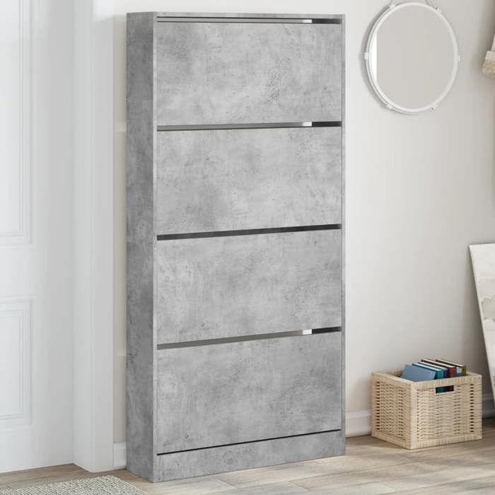 SALE 2026 Meuble à chaussures Gris - Armoire à chaussures 4 tiroirs rabattables gris béton PRO561051304