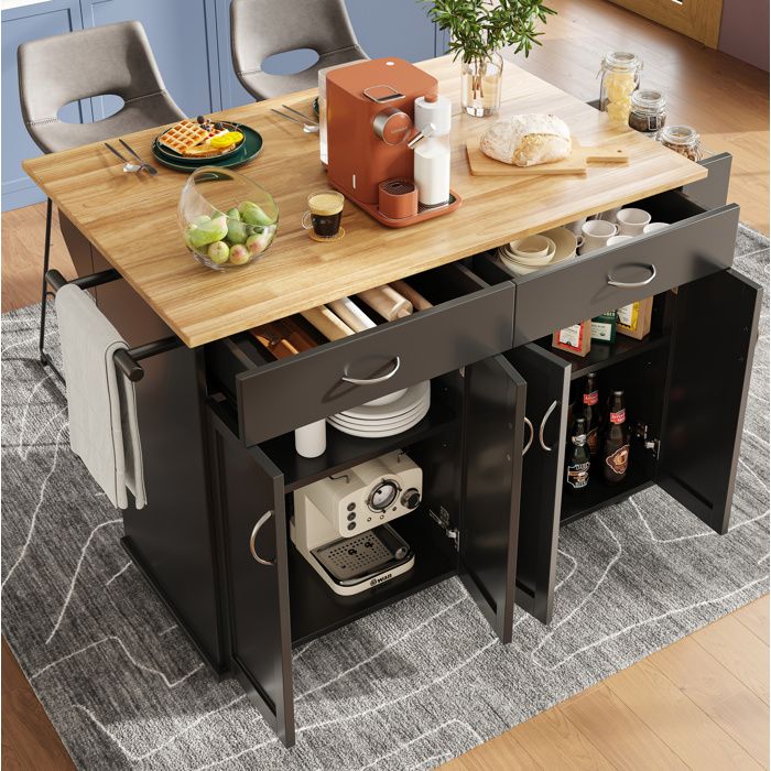 Desserte de cuisine 106×50×90.5 cm. 2 tiroirs + 4 portes. avec plan de travail rabattable. meuble de cuisine. MDF. noir
