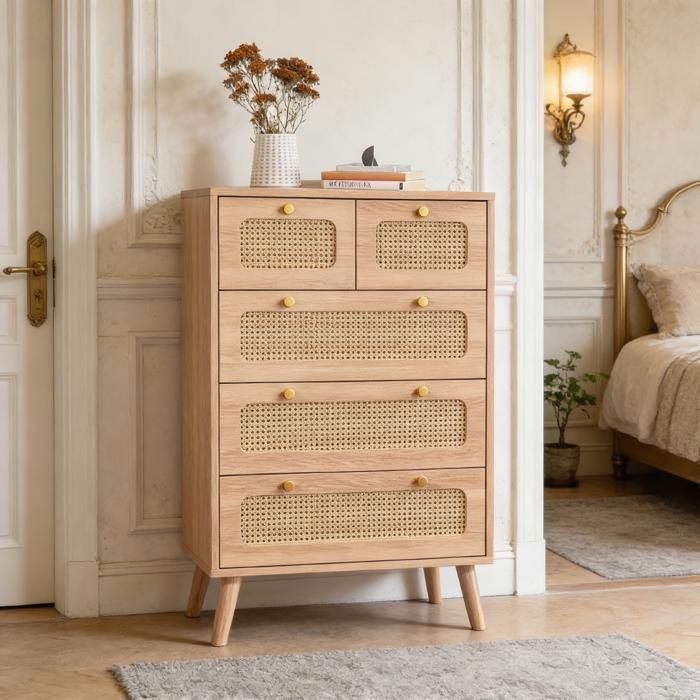 Commode - Plcnn - 5 Tiroirs - Bois Naturel - Finition en Rotin - Style Vintage - 34x60x91cm