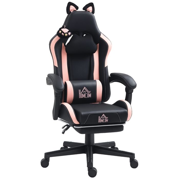 Chaise gaming ergonomique - HOMCOM - avec Oreilles de Chat repose-pieds appui-tête - dossier inclinable hauteur réglable - noir