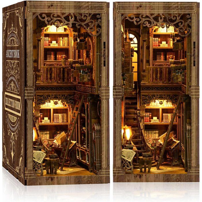 Serre-livres Booknook en bois à monter - Puzzle 3D avec éclairage LED - Décoration vintage pour bibliothèque - 20x15x5 cm
