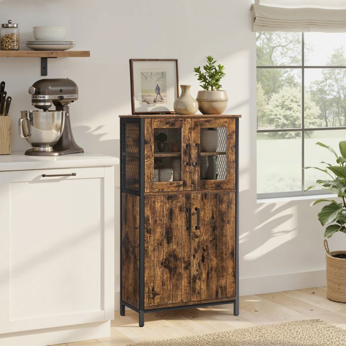 Buffet de Cuisine Armoire de Rangement avec Étagères Réglables pour Salon Cadre en Acier Marron et Noir Buffet de Cuisine Armoire de Rangement avec Étagères Réglables pour Salon Cadre en Acier Marron et Noir