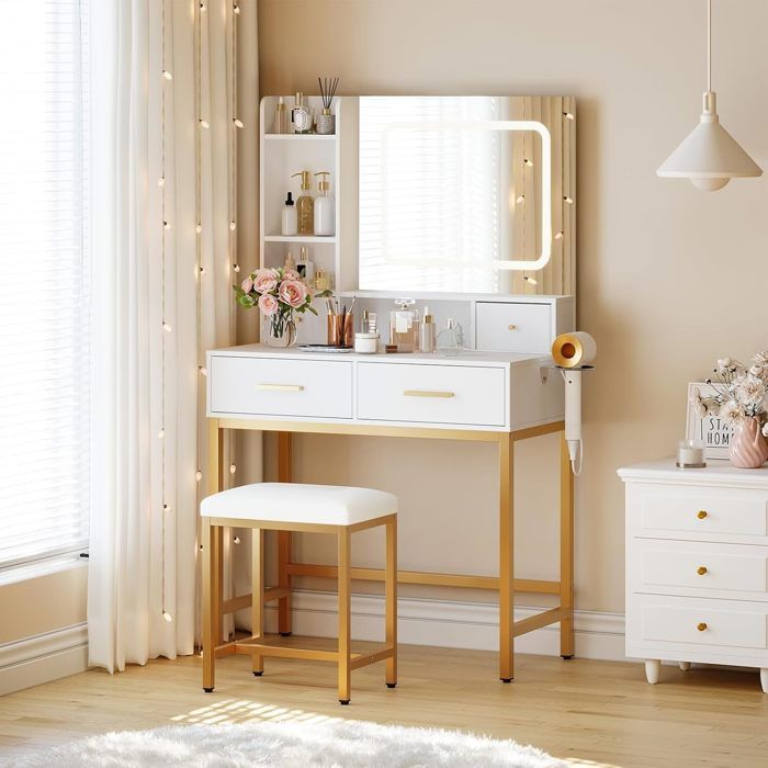 Coiffeuse avec Miroir LED et Tabouret -80× 40× 135 cm-avec 4 Tiroirs et 3 Étagères-- 3 Modes Déclairage-- Blanc