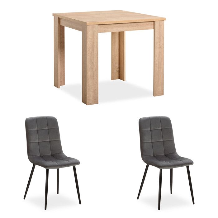 Ensemble Salle à Manger 3 Pièces – Table en Chêne 80 x 80 cm & 2 Chaises en Velours Gris Ensemble Salle à Manger 3 Pièces – Table en Chêne 80 x 80 cm & 2 Chaises en Velours Gris