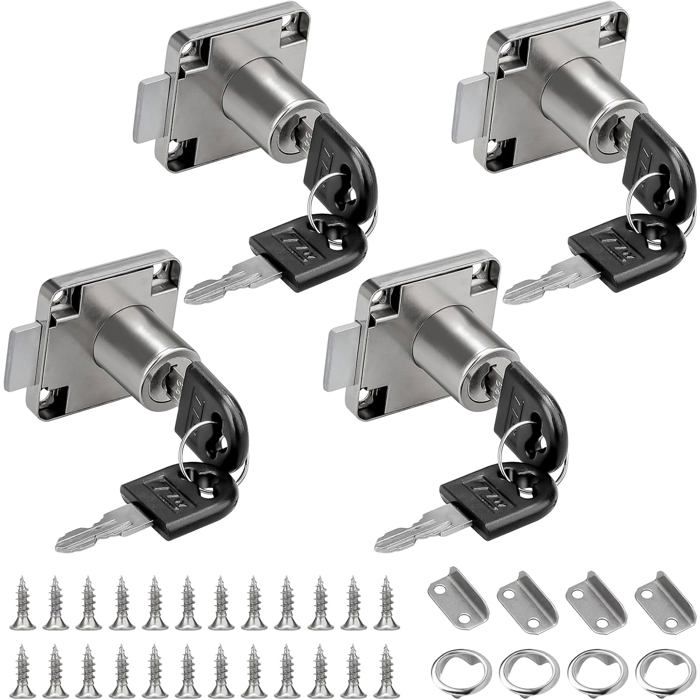 Serrure de tiroir - NAOTY - Lot de 4 serrures - Dimensions 40x40 mm - Cylindre 22 mm - Diamètre douverture 19 mm