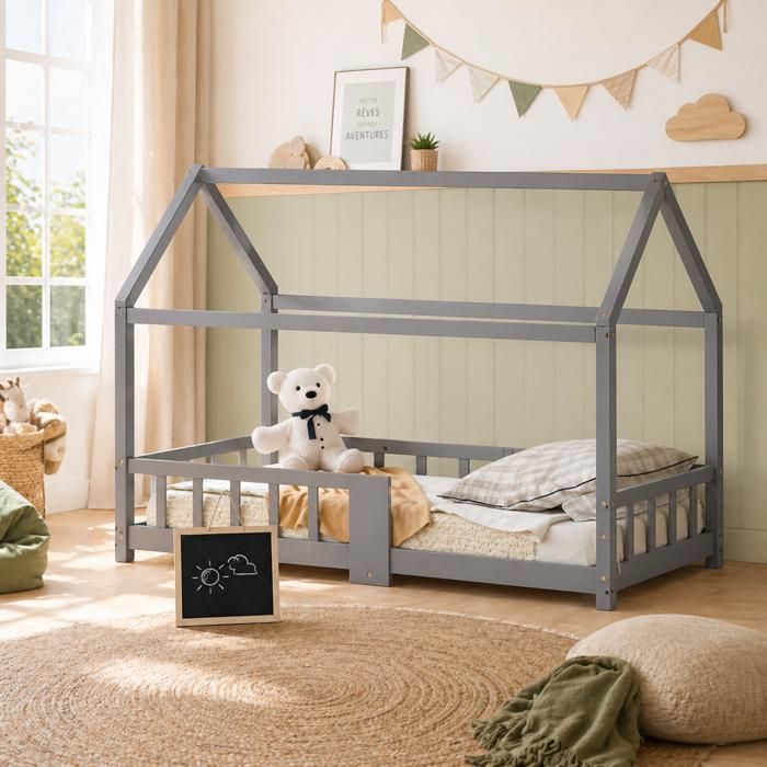 Lit cabane enfant 90x200 cm avec tableau sommier à lattes et barrière antichute pin massif sans matelas - Gris