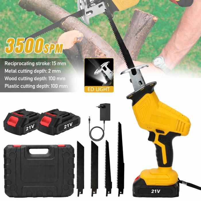 Scie sabre sans fil 21V 3500spm - avec 2 Batteries - 4 lames -15 mm - Tronçonneuse - Scie Alternative pour Couper Bois Métal PVC